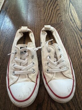 Converse Low Top Canvas Sneakers in Off-White with Red Trim